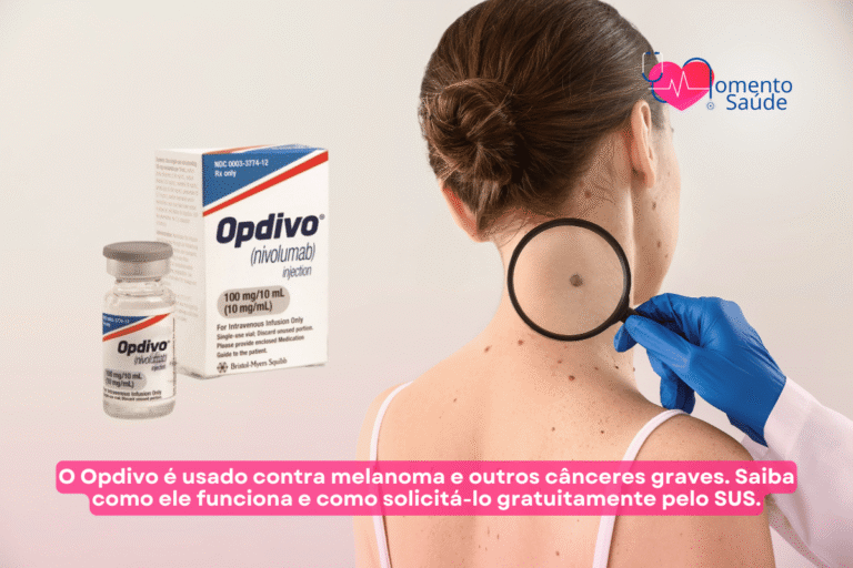 Mulher com Melanoma e amostra do medicamento Opdivo +subtítulo