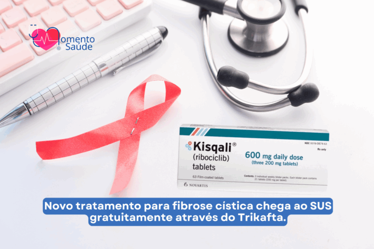 Medicamento Kisqali em cima de uma mesa ao lado de símbolo do câncer de mama com equipamentos médicos