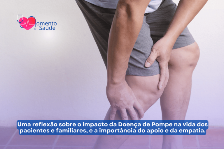 Homem com fraqueza muscular segurando seu joelho + subtítulo