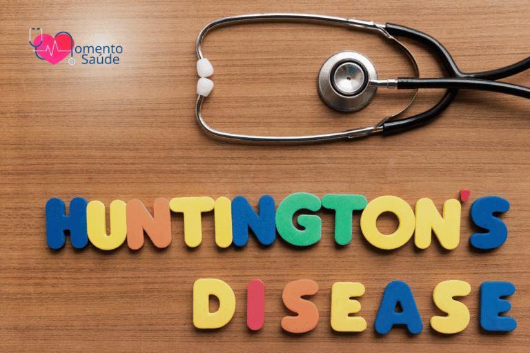 Aparelho de ouvir os batimentos cardíacos + letreito escrito "Huntigton`s disease"
