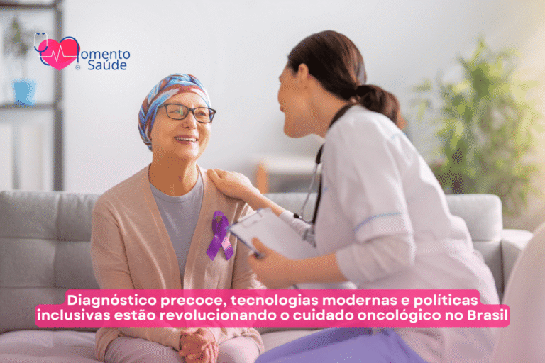 Paciente com câncer com médica ao lado + subtítulo