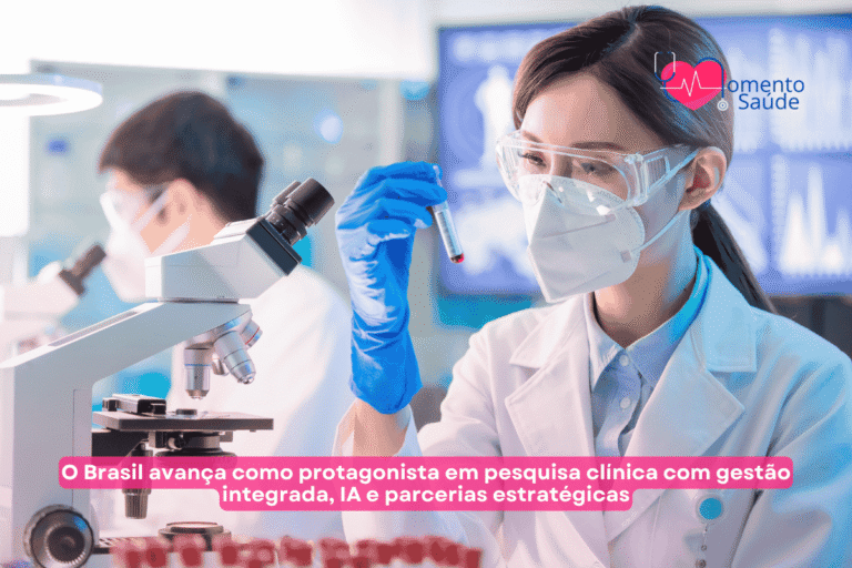Cientistas fazendo pesquisas em laboratórios + subítulo