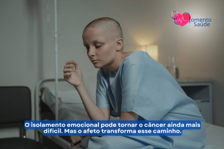 Pessoa com câncer sozinha em uma cama de hospital + subtítulo