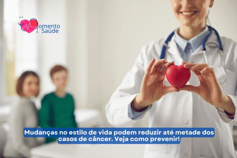 Médica segurando um coração representando vida saudável + subtítulo
