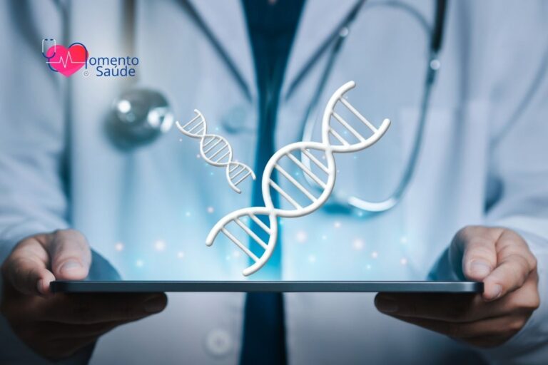 Médico com ilustrações de genética em cima de um tablet